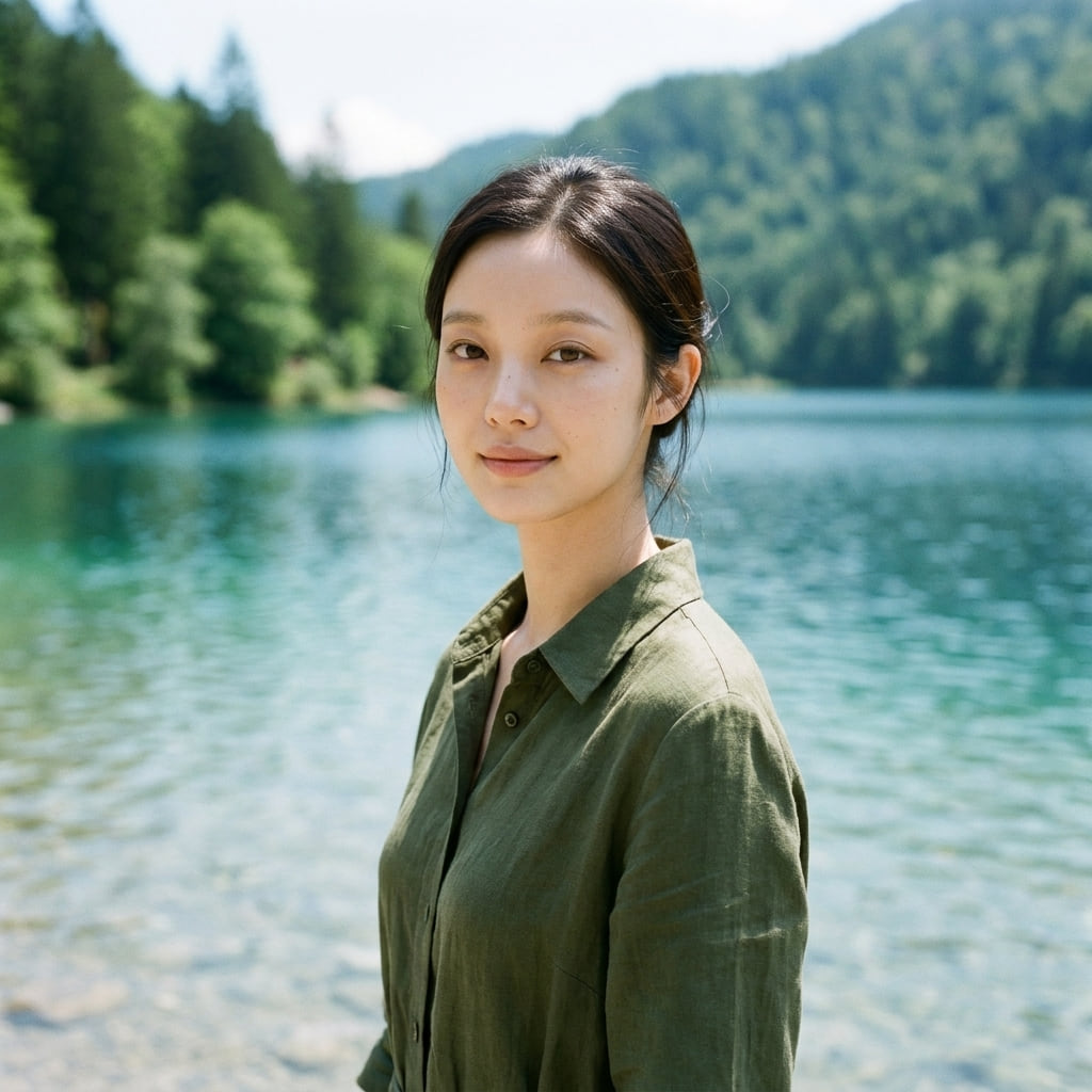 낮의 호숫가에 선 모습